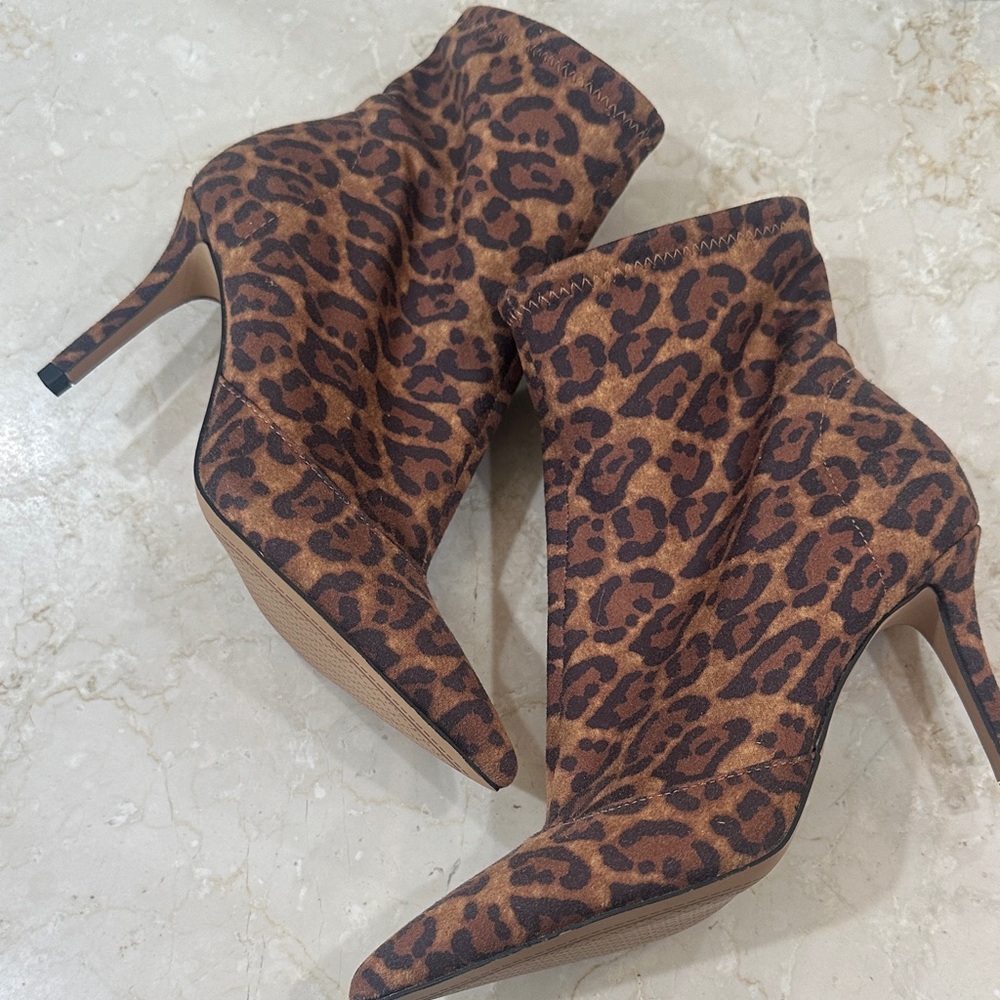 Jessica Simpson Leopard Print Pointed Toe Stiletto Ankle Booties - Brown